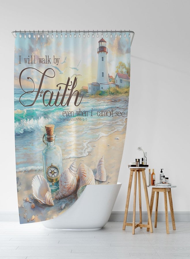 JAWO Beach Ocean Shower Curtain, Bible Verse Quotes Inspirational Bath Curtains, Nautical Coastal Christian Scripture Starfish Seashells Fabric Decor Shower Curtains for Bathroom Sets with 12 Hooks, 72X72 - Image 5