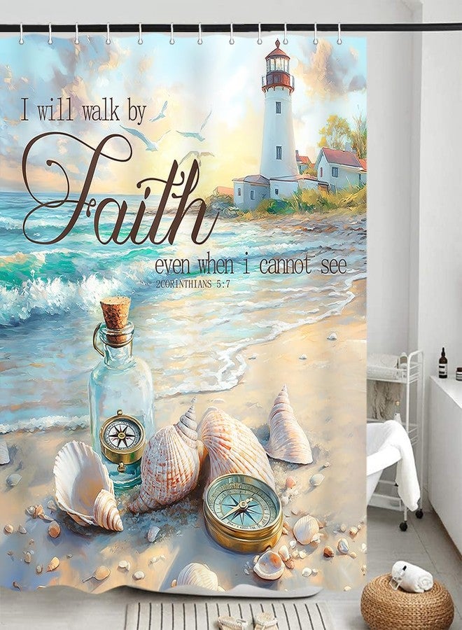 JAWO Beach Ocean Shower Curtain, Bible Verse Quotes Inspirational Bath Curtains, Nautical Coastal Christian Scripture Starfish Seashells Fabric Decor Shower Curtains for Bathroom Sets with 12 Hooks, 72X72 - Image 4