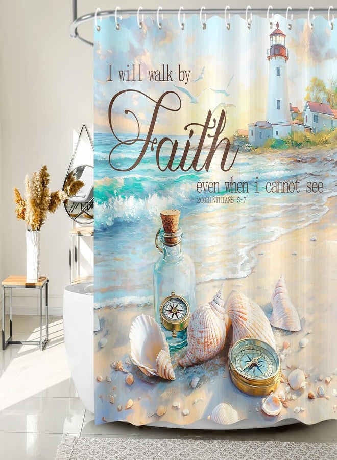 JAWO Beach Ocean Shower Curtain, Bible Verse Quotes Inspirational Bath Curtains, Nautical Coastal Christian Scripture Starfish Seashells Fabric Decor Shower Curtains for Bathroom Sets with 12 Hooks, 72X72 - Image 1