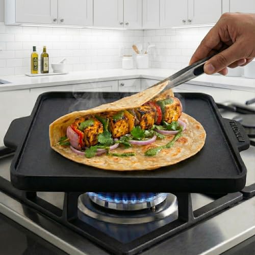 Trilonium Triple-Seasoned Cast Iron Square Reversible Grill Griddle Tawa 27 cms / 10.5 inches - Image 3