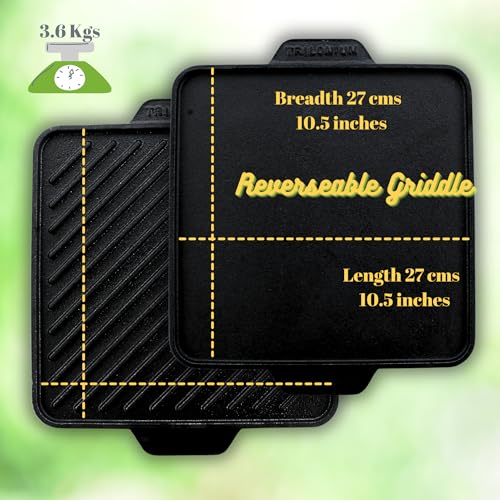 Trilonium Triple-Seasoned Cast Iron Square Reversible Grill Griddle Tawa 27 cms / 10.5 inches - Image 2