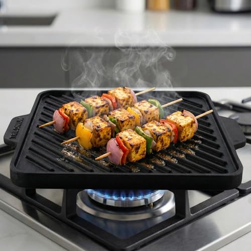Trilonium Triple-Seasoned Cast Iron Square Reversible Grill Griddle Tawa 27 cms / 10.5 inches - Image 1
