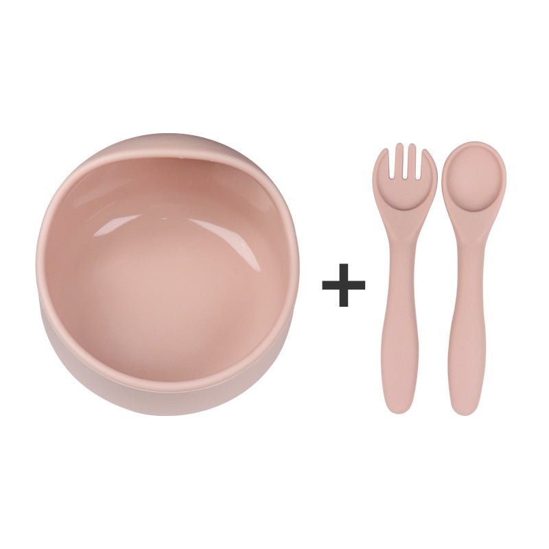New Baby Feeding Three-piece Set Silicone Suction Cups Snail Bowl Wooden Handle Spoon Fork Easy To Clean Mealware Lotus root color 
