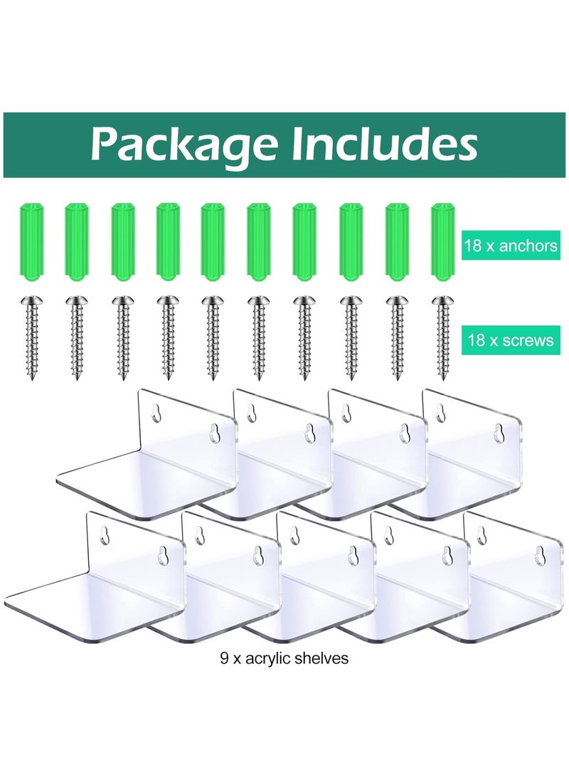 TPGP - 9 Pcs 4 Inch Small Acrylic Shelves for Wall Shelves Organizer | Mini Acrylic Display Shelf Wall-Mounted Floating Shelves, Bookshelf, Toys Figure Display Shelf for Living Room, Bedroom, Bathroom, Kids Room - Image 1