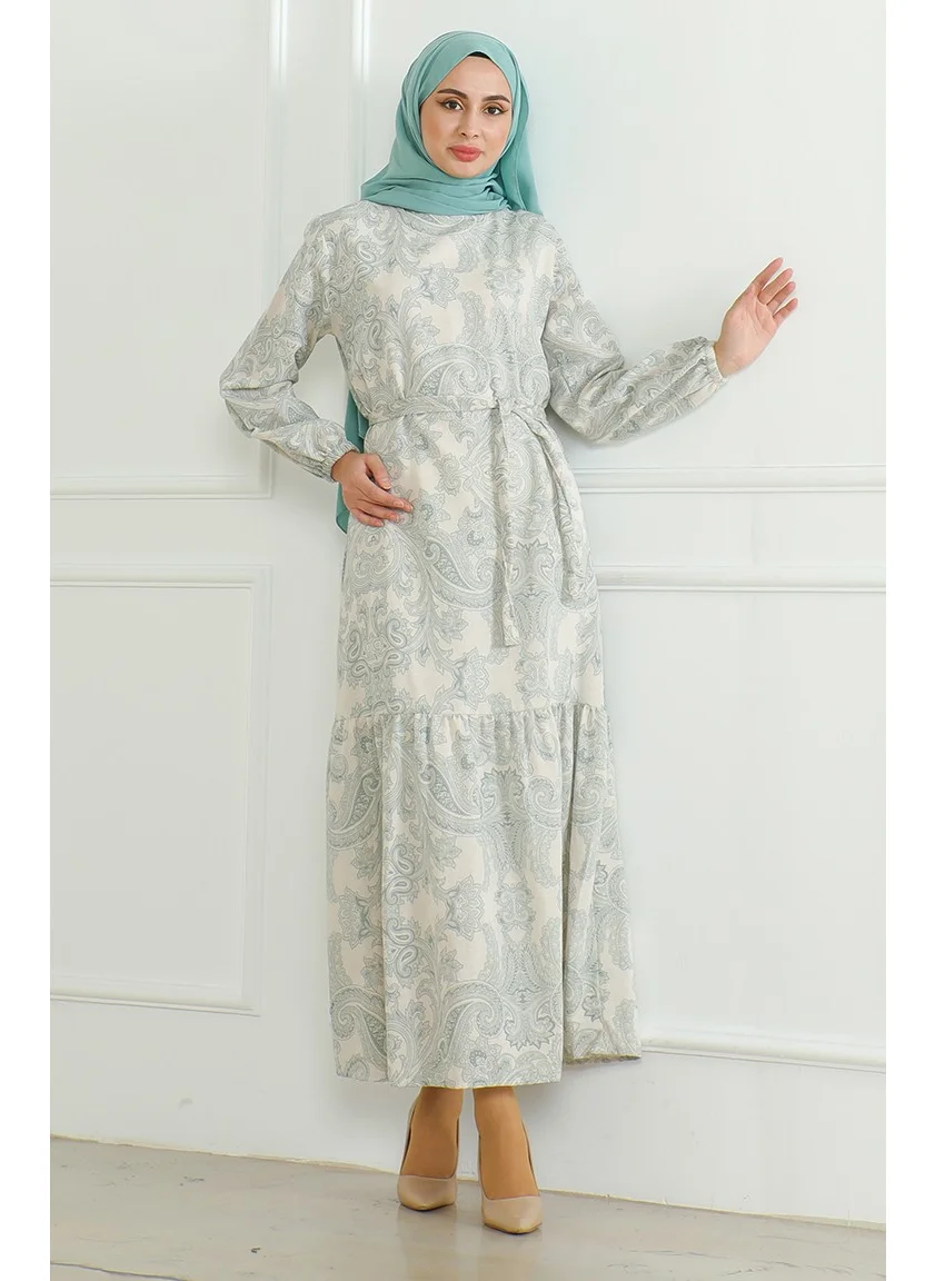 Sefa Merve Patterned Belted Linen Dress 0471C-05 Almond Green