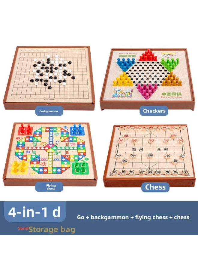null - Multi-functional One Chessboard Flying Chess Checkers Backgammon Go Card Beasts Chess Children's Toys Foreign Trade-Color:Four-in-one [large Size] Checkers + Five Pieces + Flying + Chess - Image 1