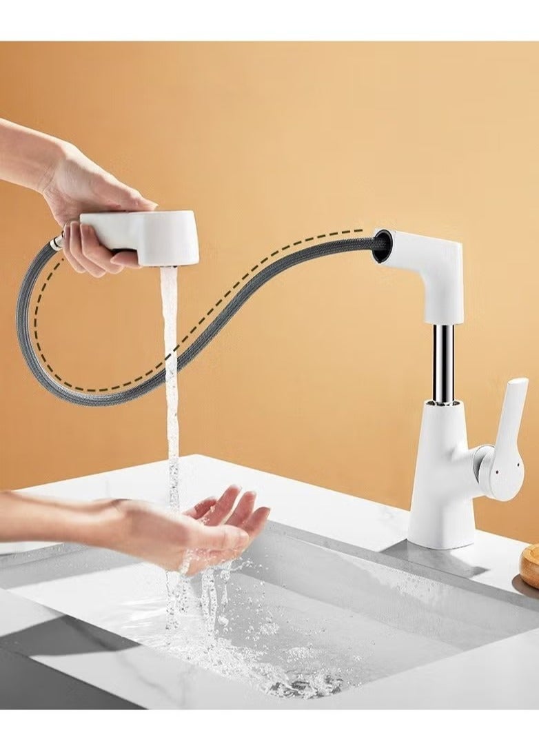 Pull Out Kitchen Faucet, Height Adjustable Kitchen Sink Faucets with Pull Down Sprayer 360° Rotatable Splashproof Kitchen Faucets, Hot and Cold Lift Swivel Matte White Faucet for Kitchen Bathroom Sink - Image 2