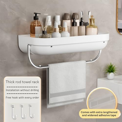 HoopVool Plastic Bathroom Shelf Organizer,Self Adhesive No Drill Shower Shelf Easy Installation, Wall Mounted Shelf, with Towel Napkin Holder with Hook,Used for Bathroom and Kitchen (Flat, White) - Image 3