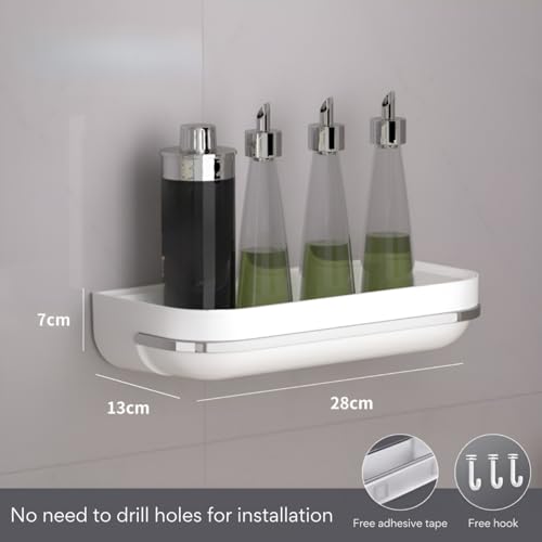 HoopVool Plastic Bathroom Shelf Organizer,Self Adhesive No Drill Shower Shelf Easy Installation, Wall Mounted Shelf, with Towel Napkin Holder with Hook,Used for Bathroom and Kitchen (Flat, White) - Image 2
