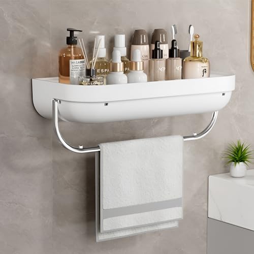 HoopVool Plastic Bathroom Shelf Organizer,Self Adhesive No Drill Shower Shelf Easy Installation, Wall Mounted Shelf, with Towel Napkin Holder with Hook,Used for Bathroom and Kitchen (Flat, White) - Image 1