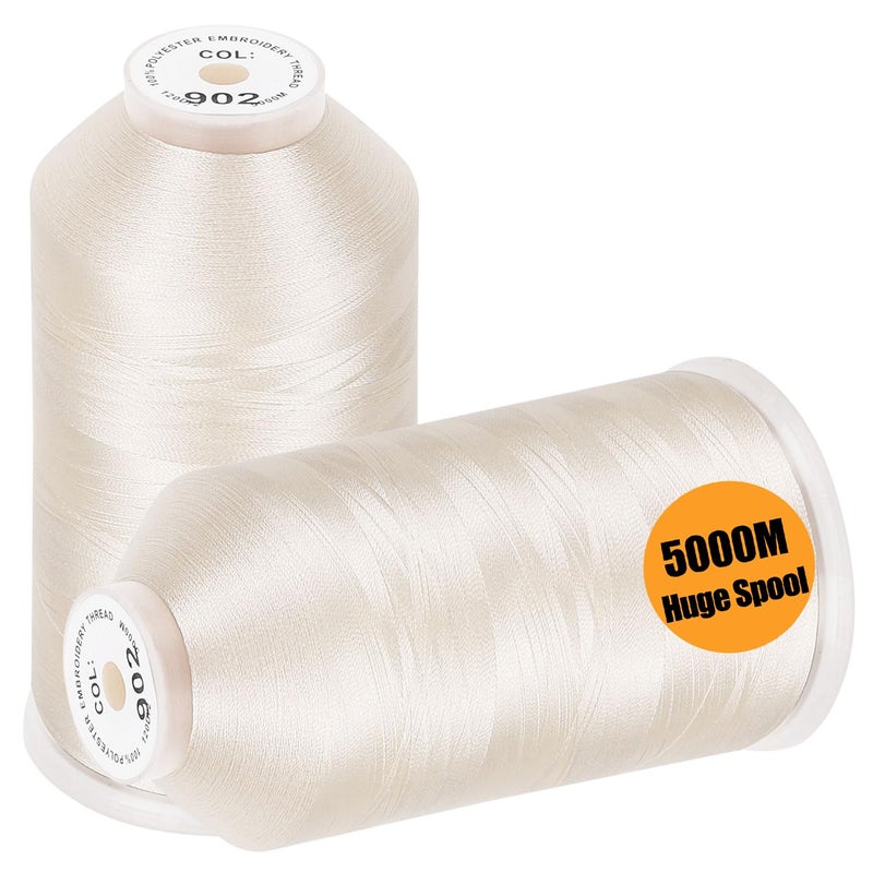 New brothread  2 Huge Spools 5000M Each Polyester Embroidery Machine Thread 40WT for Commercial and Domestic Machines  Ivory