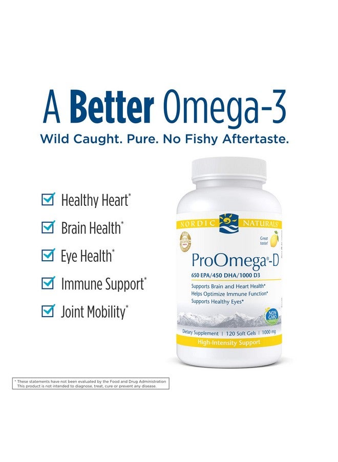 NORDIC NATURALS Nordic Naturals ProOmega-D, Lemon Flavor - 120 Soft Gels - 1280 mg Omega-3 + 1000 IU D3 - High-Potency Fish Oil - EPA & DHA - Brain, Eye, Heart, Joint, & Immune Health - Non-GMO - 60 Servings 