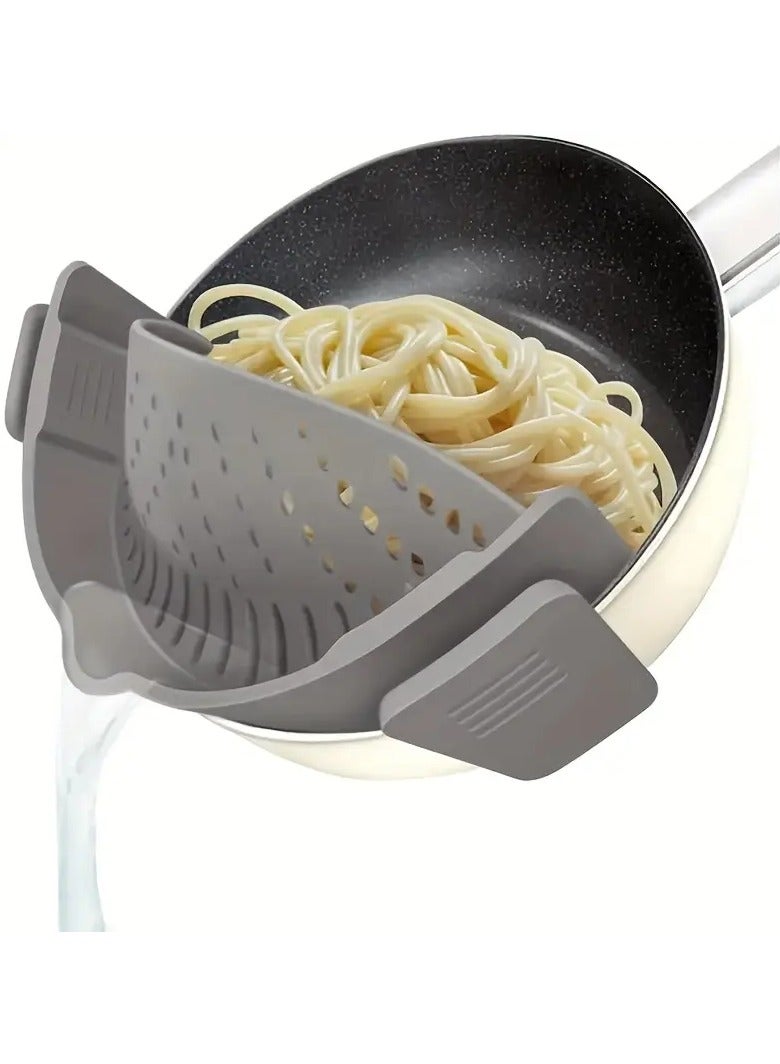 Clip on pot filter, silicone food filter, hands-free pot filter, clip on kitchen food filter, suitable for pasta, spaghetti, ground beef, suitable for all bowls and pots (gray)  - Image 1