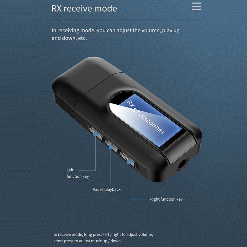 مُحول ومرسل بلوتوث USB 5.0 2 في 1 مع شاشة LCD ومصدر أصوات ستيريو AUX 3.5 مم كمُحول لاسلكي لأجهزة الكمبيوتر والتلفزيون والسيارة والسماعات - Image 4