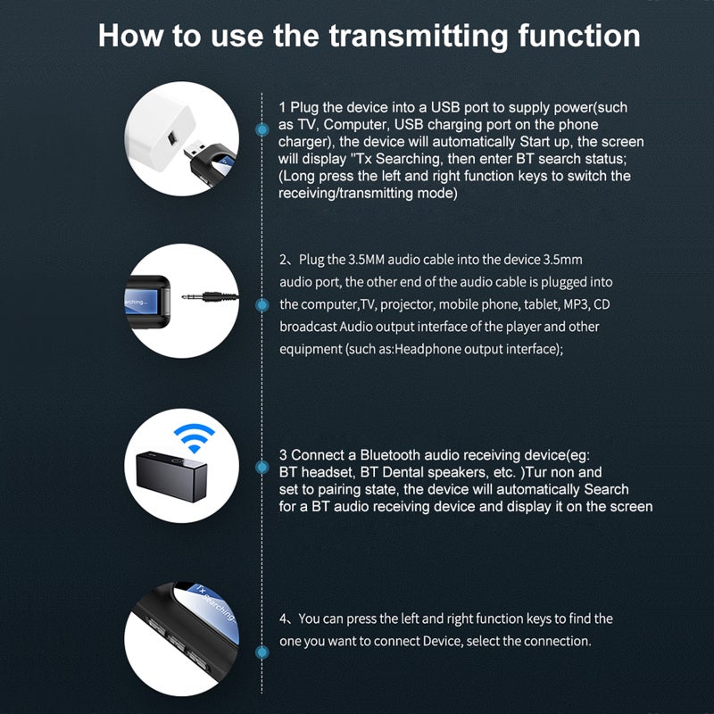 مُحول ومرسل بلوتوث USB 5.0 2 في 1 مع شاشة LCD ومصدر أصوات ستيريو AUX 3.5 مم كمُحول لاسلكي لأجهزة الكمبيوتر والتلفزيون والسيارة والسماعات - Image 5