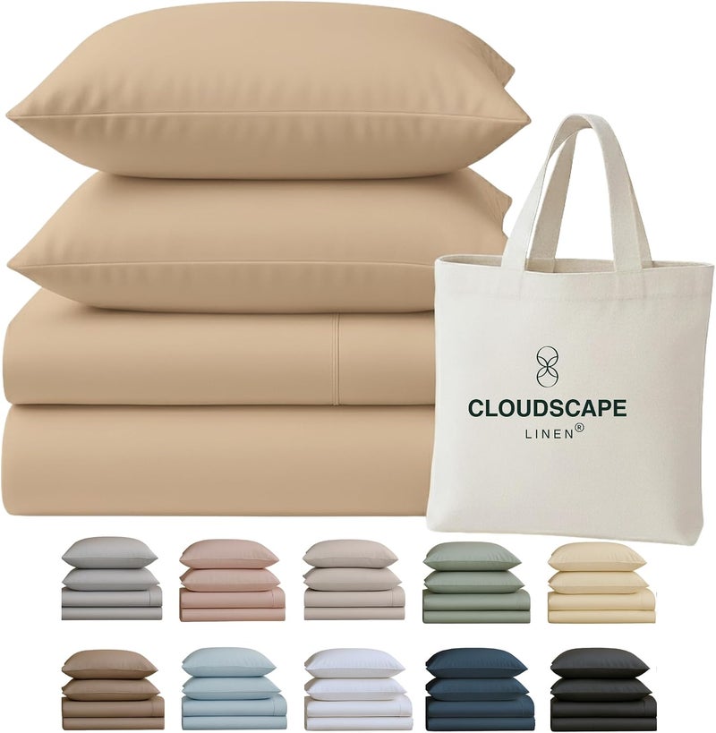 كلاود سكيب لينين مجموعة شراشف Cloud Scape Linen مقاس كينج عدد الخيوط 400 - من القطن المصري 100%، مجموعة شراشف سرير قطنية ناعمة ومتينة ومسامية، جيب عميق يصل إلى 16 بوصة، كتان - Image 1