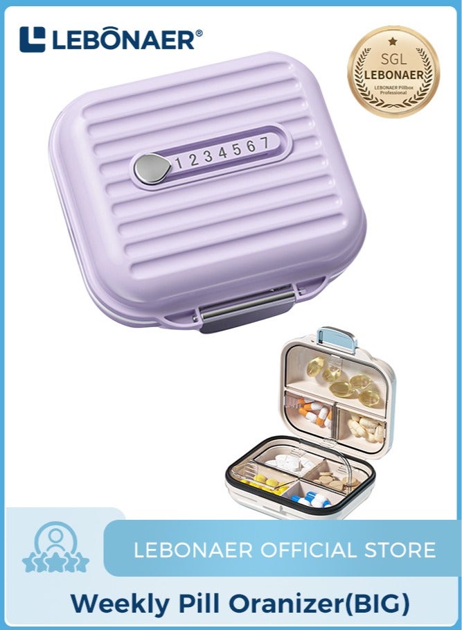 لبونير منظم أقراص للسفر، علبة أقراص محمولة لحفظ الأقراص لمدة 7 أيام علبة أقراص مضادة للرطوبة وحافظة فيتامينات يومية مضادة للرطوبة للفيتامينات والمكملات الغذائية ومتعقب الأدوية (بنفسجي صغير) - Image 1