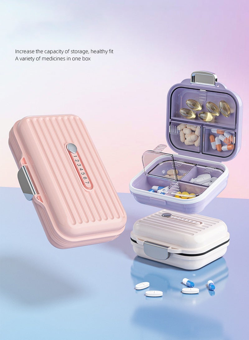 لبونير منظم أقراص للسفر، علبة أقراص محمولة لحفظ الأقراص لمدة 7 أيام علبة أقراص مضادة للرطوبة وحافظة فيتامينات يومية مضادة للرطوبة للفيتامينات والمكملات الغذائية ومتعقب الأدوية (بنفسجي صغير) - Image 3