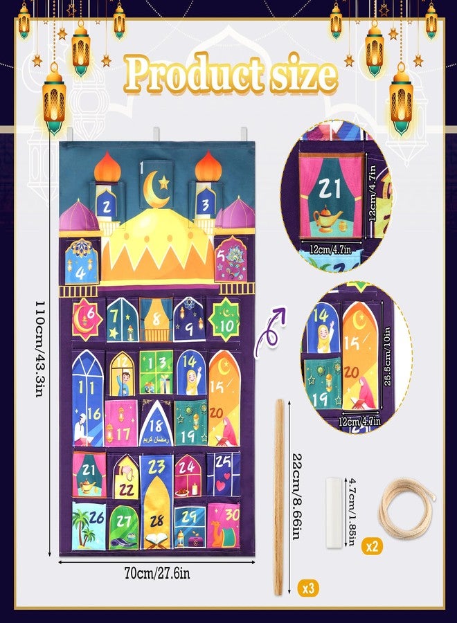 هواف تقويم رمضان من قماش هواف (العد التنازلي للعيد)، تقويم عد تنازلي للعيد والمساجد مع 30 جيبًا لتزيين جدران المنزل في رمضان المبارك، ديكور إسلامي، تقويم عيد الفطر - Image 2