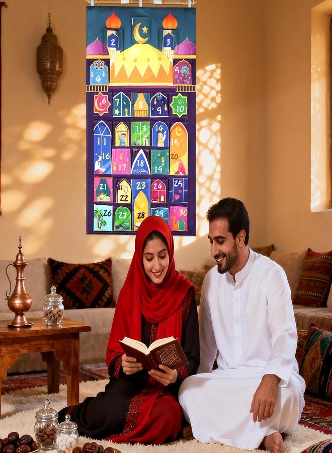 هواف تقويم رمضان من قماش هواف (العد التنازلي للعيد)، تقويم عد تنازلي للعيد والمساجد مع 30 جيبًا لتزيين جدران المنزل في رمضان المبارك، ديكور إسلامي، تقويم عيد الفطر - Image 5