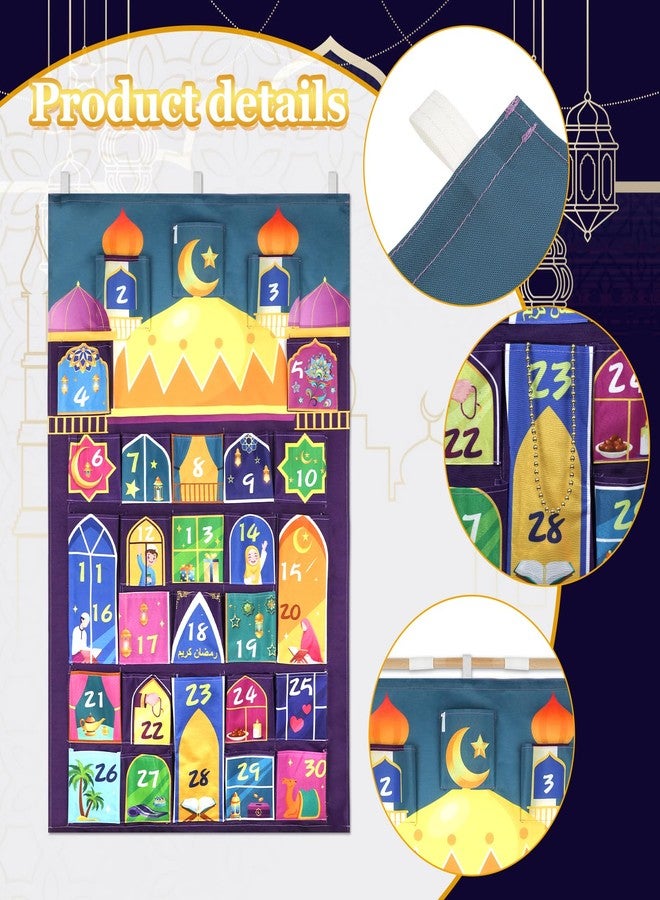 هواف تقويم رمضان من قماش هواف (العد التنازلي للعيد)، تقويم عد تنازلي للعيد والمساجد مع 30 جيبًا لتزيين جدران المنزل في رمضان المبارك، ديكور إسلامي، تقويم عيد الفطر - Image 3