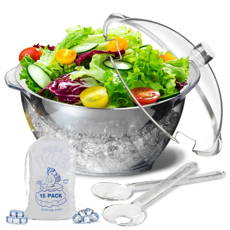 LIMOEASY Iced Salad Bowl 45 Qt Large Chilled Serving Bowl with Lid for Parties Ice Bowls to Keep Veggie Fruit Potato Pasta Cold Unique Gift for Women