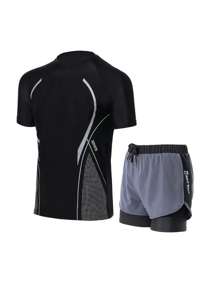 Swimwear Men's Professional Anti-embarrassment Plus Size Loose Double-layer Swimming Trunks Sunscreen Hot Spring Full Body Men's Swimwear Suit-Color:Black Swim Cap 2385-Top Pants-