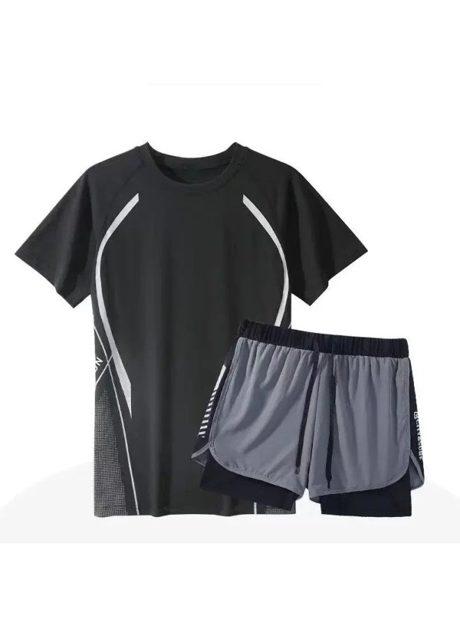 Swimwear Men's Professional Anti-embarrassment Plus Size Loose Double-layer Swimming Trunks Sunscreen Hot Spring Full Body Men's Swimwear Suit-Color:Black Swim Cap 2385-Top Pants-
