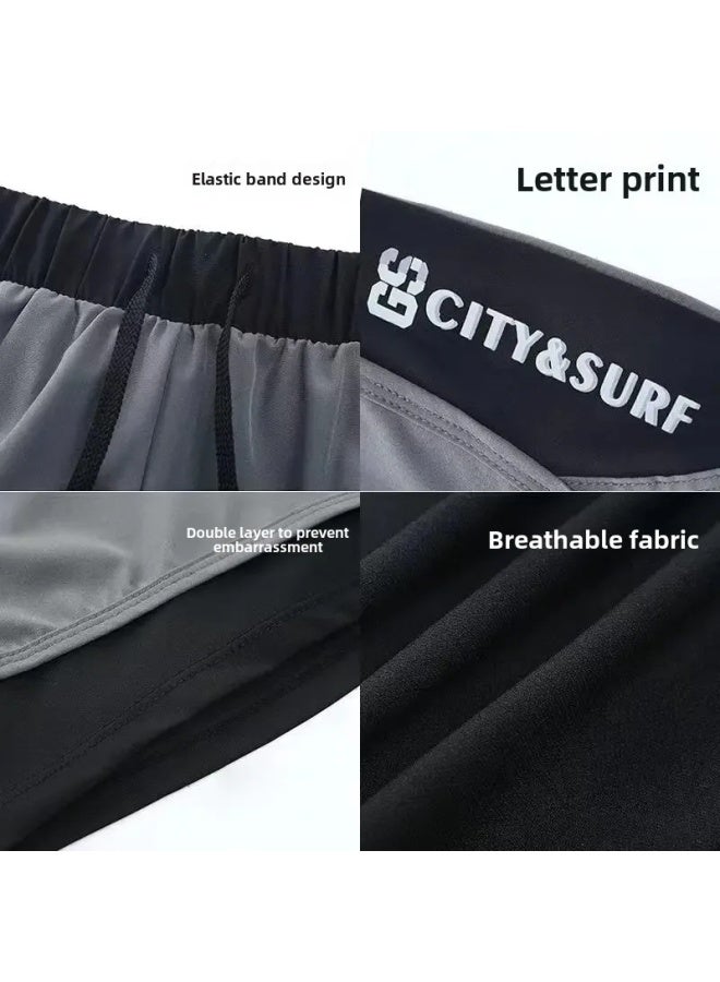 Swimwear Men's Professional Anti-embarrassment Plus Size Loose Double-layer Swimming Trunks Sunscreen Hot Spring Full Body Men's Swimwear Suit-Color:Black Swim Cap 2385-Top Pants-