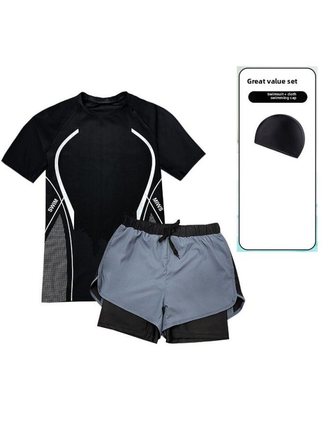 Swimwear Men's Professional Anti-embarrassment Plus Size Loose Double-layer Swimming Trunks Sunscreen Hot Spring Full Body Men's Swimwear Suit-Color:Black Swim Cap 2385-Top Pants-