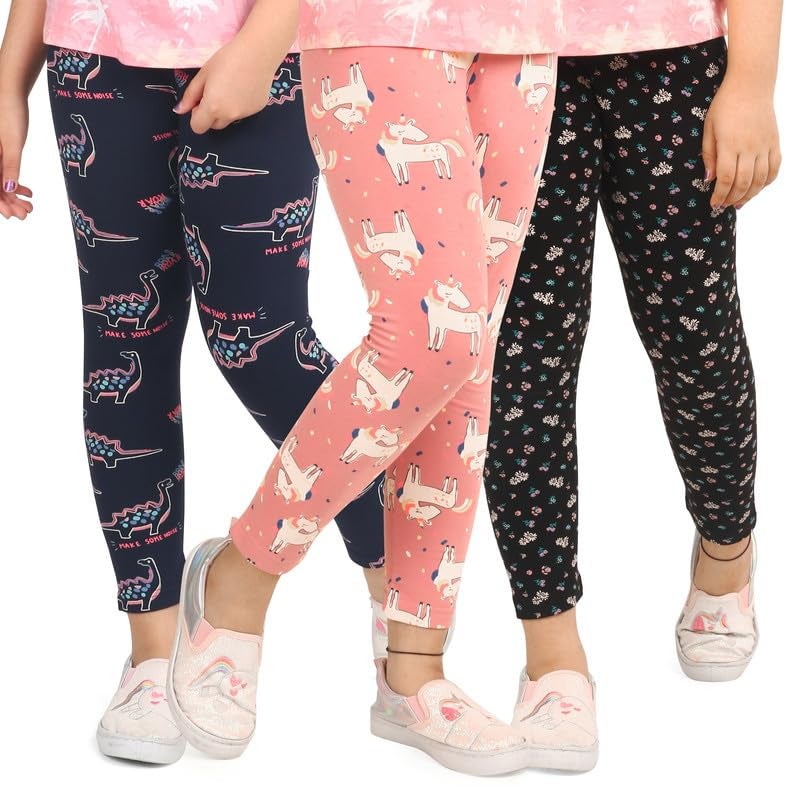 ARIEL Girls Cotton Printed Regular Fit Non-Transparent Ankle Length Leggings (AR-G-Leg-P3-910-(blFlo+org+navroa)_010_Multicolor_9 Years - 10 Years) - Image 1