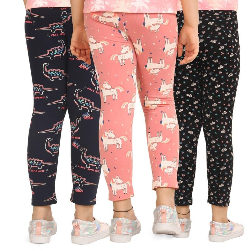 ARIEL Girls Cotton Printed Regular Fit Non-Transparent Ankle Length Leggings (AR-G-Leg-P3-910-(blFlo+org+navroa)_010_Multicolor_9 Years - 10 Years) - Image 2