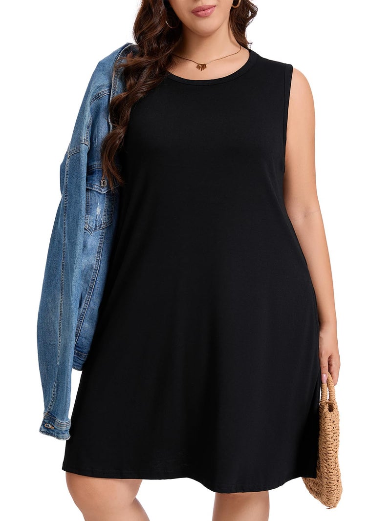 elescat Plus Size Womens Summer Dress T-Shirt Beach Swing Casual Loose Sleeveless Tank Dress with Pockets(S Black,3XL) - Image 4