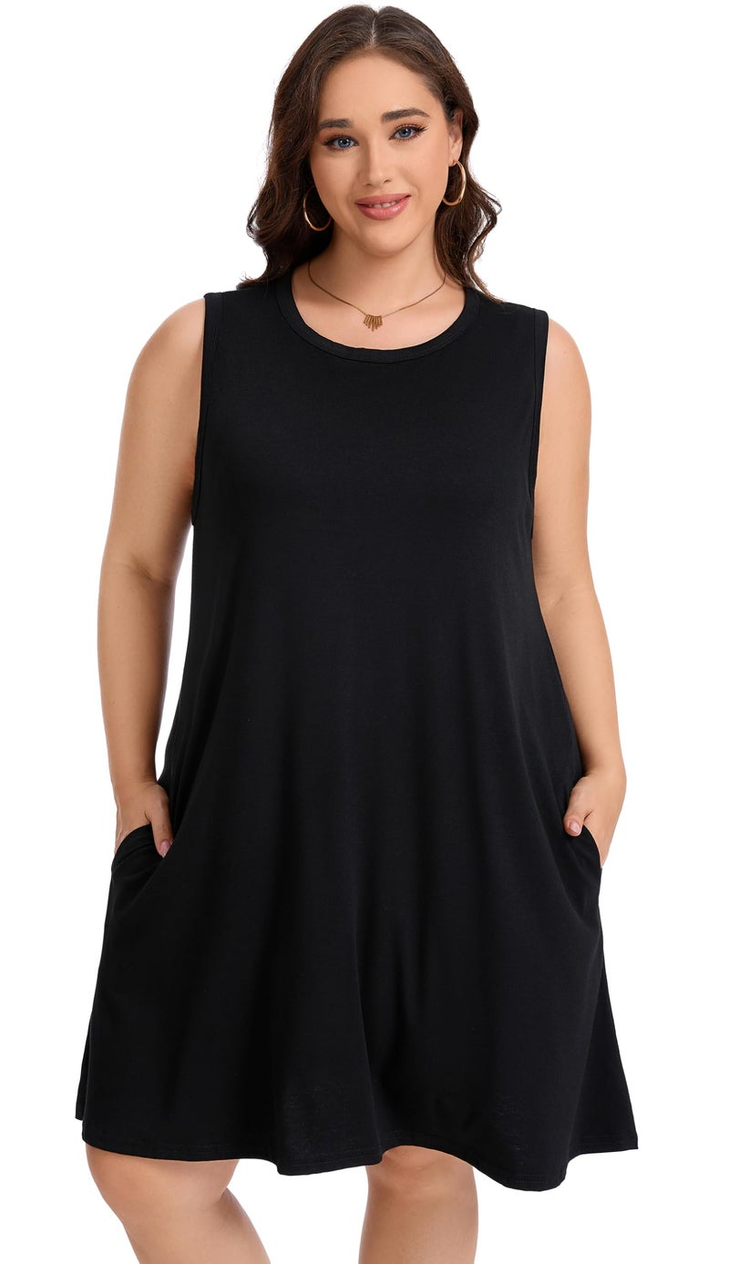 elescat Plus Size Womens Summer Dress T-Shirt Beach Swing Casual Loose Sleeveless Tank Dress with Pockets(S Black,3XL) - Image 2