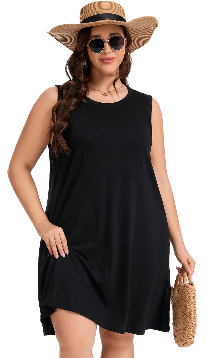 elescat Plus Size Womens Summer Dress T-Shirt Beach Swing Casual Loose Sleeveless Tank Dress with Pockets(S Black,3XL) - Image 5