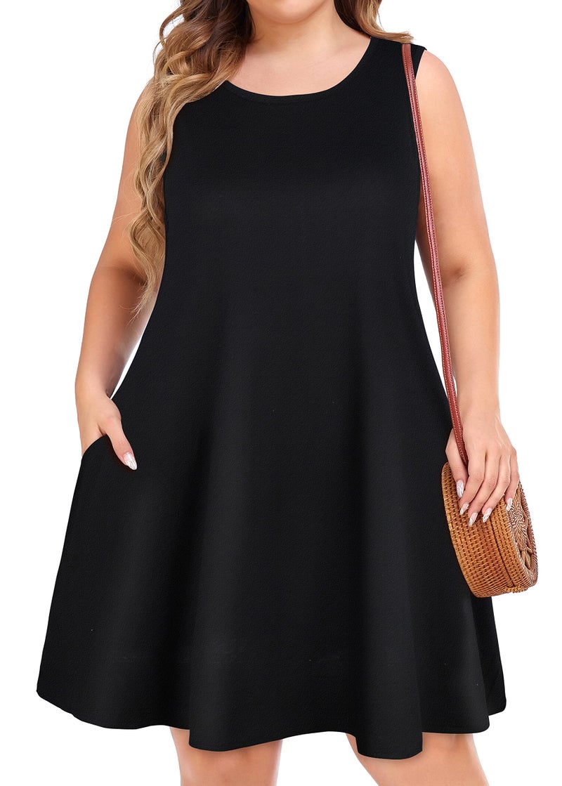 elescat Plus Size Womens Summer Dress T-Shirt Beach Swing Casual Loose Sleeveless Tank Dress with Pockets(S Black,3XL) - Image 1