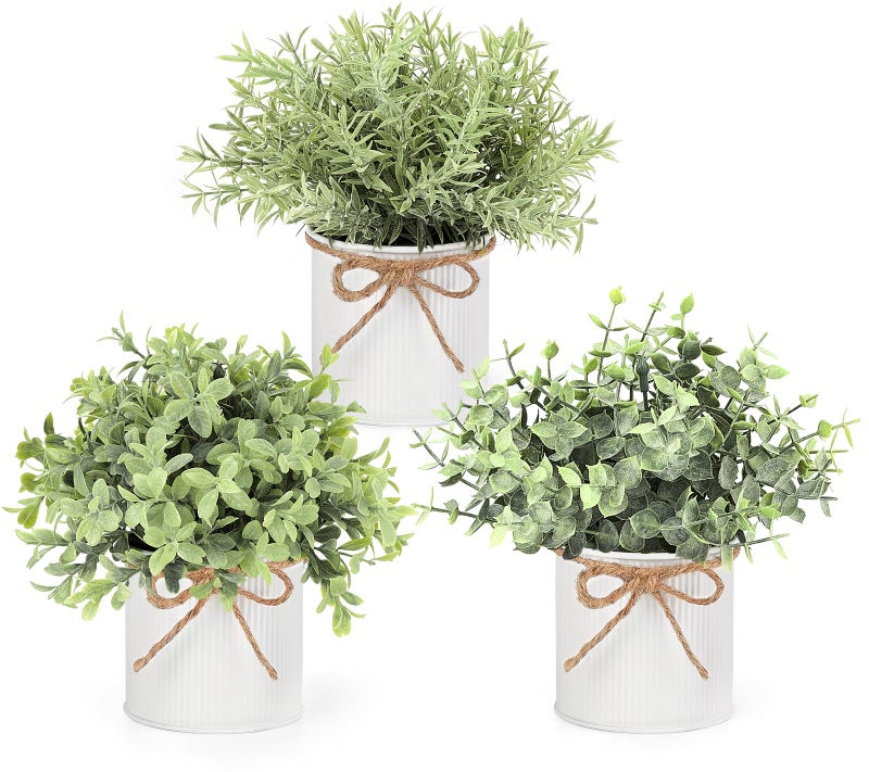 Mkono Fake Plants in Farmhouse Galvanized Metal Pots Table Centerpiece Rustic Home Decor, 3 Pack Potted Artificial Plants Faux Eucalyptus for Shelf Indoor Dining Room Office - Image 1