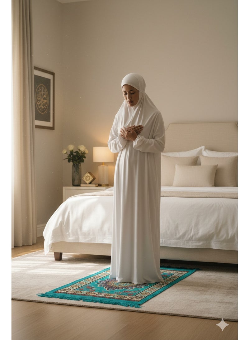 أمياي إسدال صلاة نسائي قطعة واحدة بأكمام طويلة - فستان صلاة إسلامي - ملابس صلاة للنساء - فستان نماز عباية للنساء - جلباب قطعة واحدة - مستلزمات العمرة للنساء - طقم صلاة باللون الأبيض - Image 5