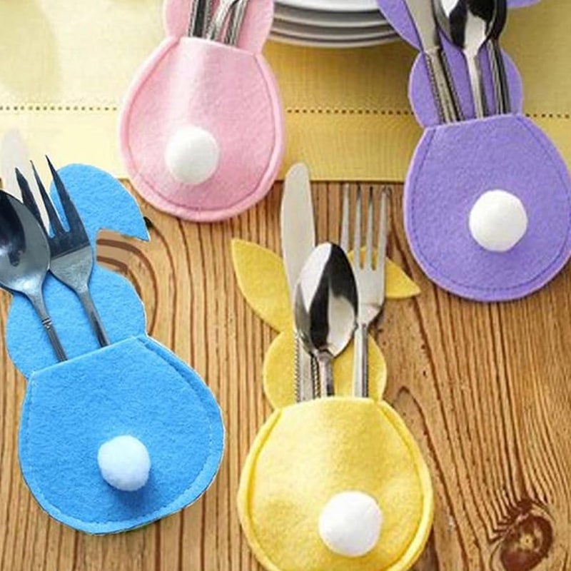 Colorful Rabbits Cutlery Holders Set Of 6 Easter Design Cloth Bag Dinnerware Pocket - Image 2