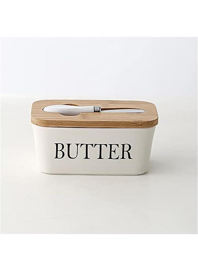 HOOKOR er Dish, er Dish with Lid for Countertop, Ceramics er Keeper Container with Knife and High-Quality Silicone Sealing er Dish for Home Decor Good Kitchen (White, 600ML)  - Image 1