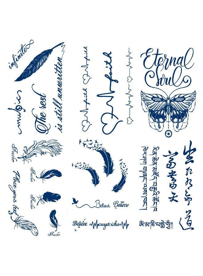 PADOUN Butterfly Feather Semi Permanent Tattoo, 6-Sheet Long Lasting 1-2 Weeks Temporary Tattoos Chinese English Letter Tattoo Stickers, 100% Plant-Based Ink Infinity Realistic Fake Tattoos for Adult - Image 1