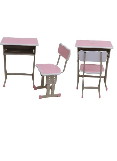 A children's study desk set consisting of 4 pieces (two tables and two chairs), a chair and a study table An educational desk set made of iron and fiber