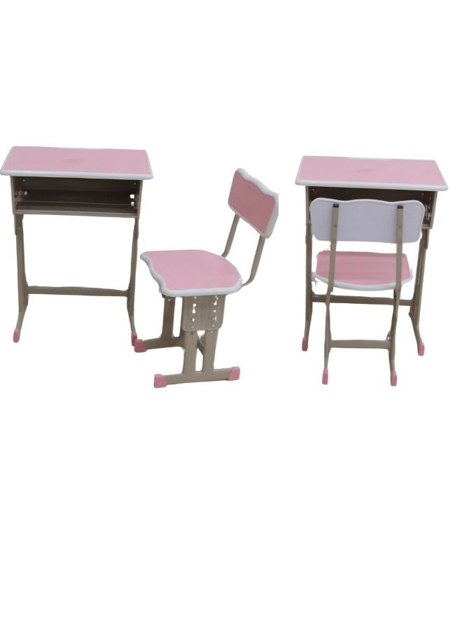 A children's study desk set consisting of 4 pieces (two tables and two chairs), a chair and a study table An educational desk set made of iron and fiber