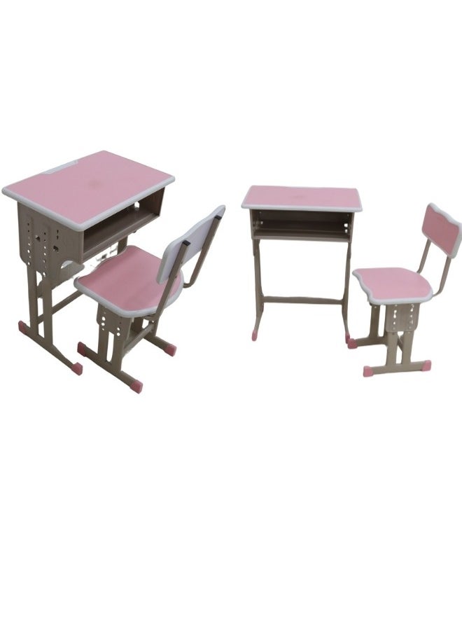 A children's study desk set consisting of 4 pieces (two tables and two chairs), a chair and a study table An educational desk set made of iron and fiber