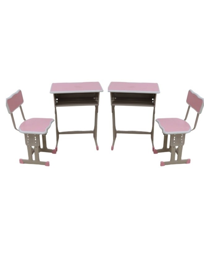 A children's study desk set consisting of 4 pieces (two tables and two chairs), a chair and a study table An educational desk set made of iron and fiber