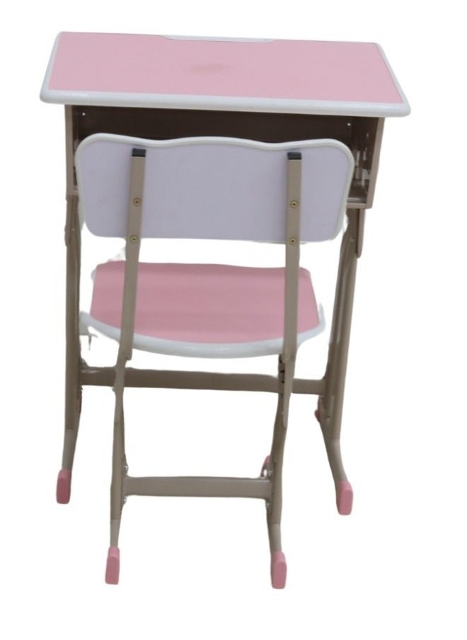 A children's study desk set consisting of 4 pieces (two tables and two chairs), a chair and a study table An educational desk set made of iron and fiber