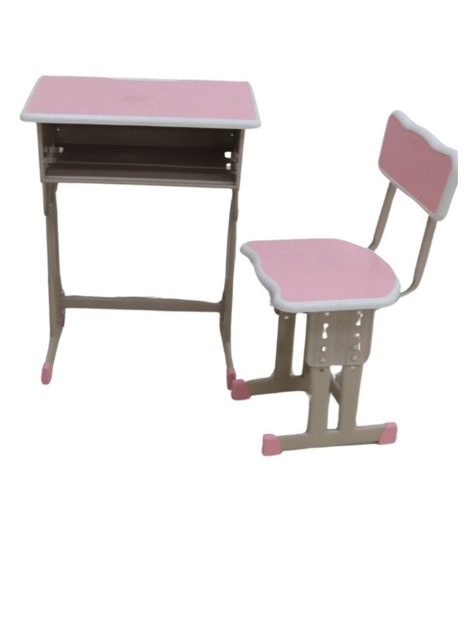 A children's study desk set consisting of 4 pieces (two tables and two chairs), a chair and a study table An educational desk set made of iron and fiber