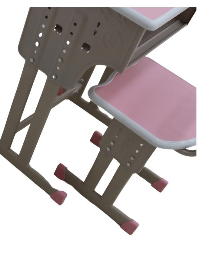 A children's study desk set consisting of 4 pieces (two tables and two chairs), a chair and a study table An educational desk set made of iron and fiber
