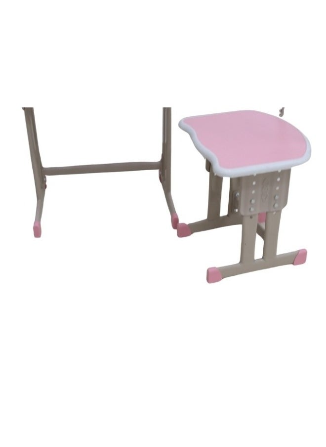 A children's study desk set consisting of 4 pieces (two tables and two chairs), a chair and a study table An educational desk set made of iron and fiber