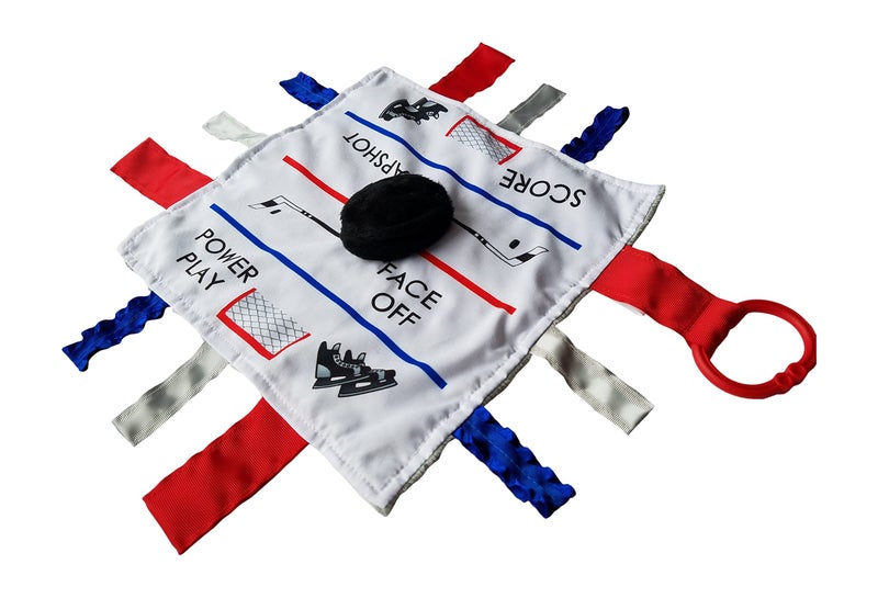 The Learning Lovey Baby Jack Co 10x10 Hockey Sports Lovey Sensory Plush Blanket Tag Toys for Babies Baby Stroller Toys Learn Shapes Letters Colors MVP Baby Puck Toy Baby Sports Gift wStroller Clip